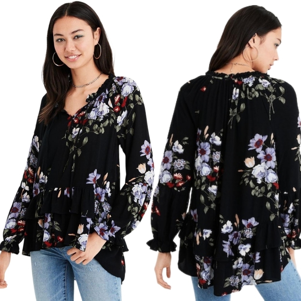 American Eagle Tunic Top Womens M Black Floral Dark Cottagecore Prairie Peasant